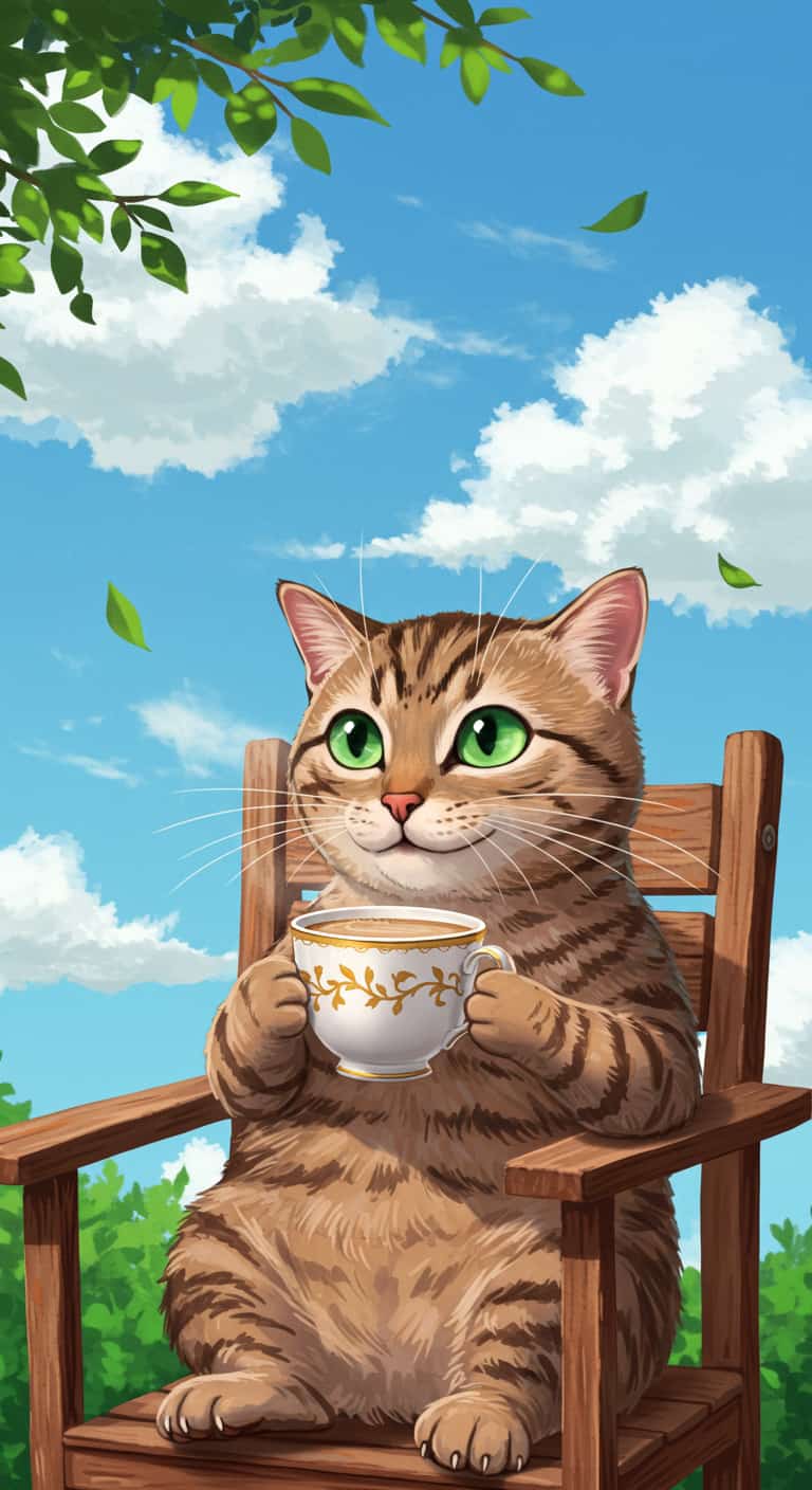 青空の下でコーヒーを飲んでいる猫の元画像